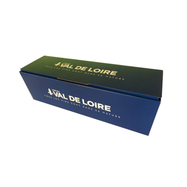 Coffret pour magnum Val de Loire avec inscription ivoire sur fond bleu